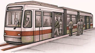 A sleek tram stops at a busy urban transit station with waiting passengers on the platform.