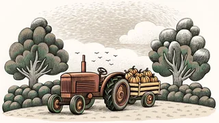 A fall harvest scene with pumpkins, a red tractor, and farm equipment.