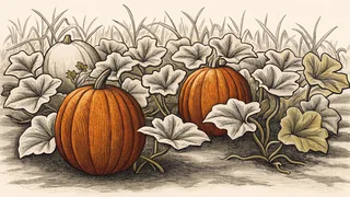 Orange pumpkins grow on vines in a field with a wooden wagon of gourds.