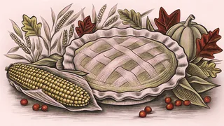 A steaming pumpkin pie decorated with cranberries, corn, and vibrant autumn foliage.