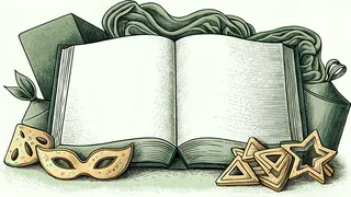 Purim celebration items including traditional pastries, festive masks, and sacred scroll displayed together.