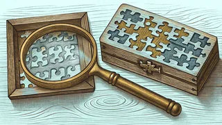 A brass magnifying glass hovers over interlocking jigsaw pieces beside a carved wooden puzzle box.