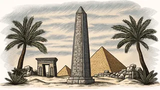 An Egyptian obelisk before temple ruins and a distant pyramid.