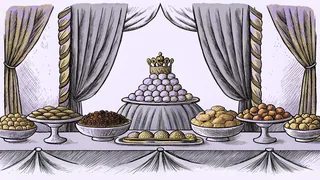 A lavish Persian banquet table laden with fine foods and royal regalia in palace halls.