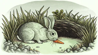 Fluffy rabbit with long ears enjoying a carrot near a grassy rabbit hole