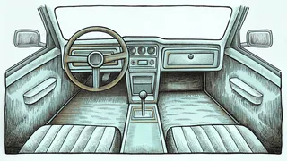 A racing cockpit rig with steering wheel, pedals and stacked spare tyres.