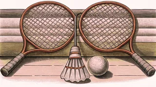 A tennis racquet with a ball and badminton shuttlecock rest on a sports court.