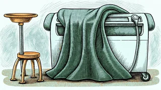A lead apron hangs over a stool beside an ultrasound wand and a wheeled scanning arm.