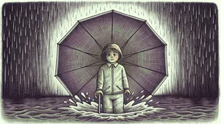In a rain puddle, a child splashes beneath an umbrella