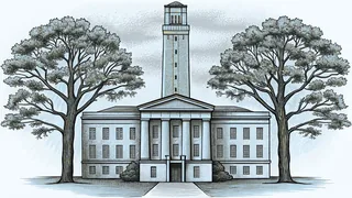 Towering oak trees frame NC State's bell tower in downtown Raleigh.