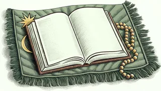 A spiritual Ramadan scene with prayer mat, sacred text, and crescent moon illuminating devotion.