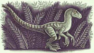 A feathered raptor dinosaur crouched among ferns, sickle claw raised.