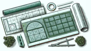 Proportional scale diagrams arranged with various measuring rulers and mathematical tools on a workspace.
