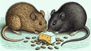 Pet rats and mice gather around chunks of cheese and seeds