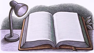 An open book with blank pages lies on a desk beside a reading lamp and a woven bookmark.