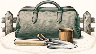 A carpet bag beside a wood-handled trowel and a small wooden pail.