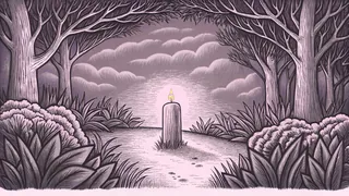 A lit candle and a stone milestone marker sit along a quiet path at sunrise.