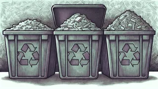 Sorted recyclables in bins and a compost heap organized for waste reduction.