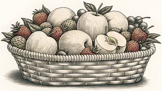 Ripe red fruits—strawberries, raspberries, and shiny apples—overflow from a harvest basket.