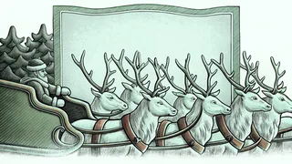Eight reindeer harnessed in festive gear, ready to pull a sleigh through snow.