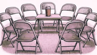 Folding chairs arranged in a circle around a coffee station in a meeting room.