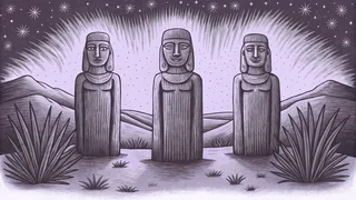 Stone shrines rise from golden deserts beneath a canopy of stars.