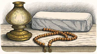 A brass oil lamp beside a looped string of prayer beads on a wooden tabletop.