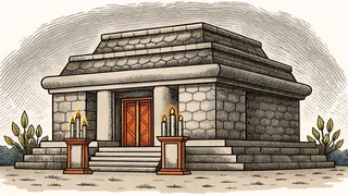 A stone temple interior lit by candlelight with prayer beads and religious artifacts displayed.