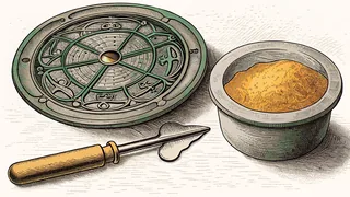 An engraved astrolabe covered in dial markings, a wooden-handled chisel, and a shallow pot heaped with ground pigment.