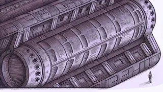 A massive cylindrical alien spacecraft towers over a human vessel in space.