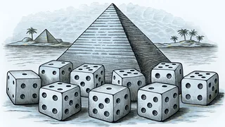 Casino dice on a gaming table with Pyramid Lake mountains beyond.