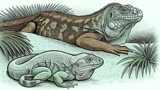 A Komodo dragon rests near a colorful chameleon and python.