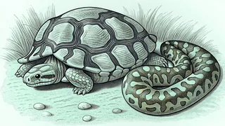 A tortoise, python, and vibrant chameleon share a tropical sand setting.
