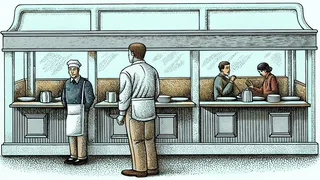 Restaurant interior showing kitchen staff and servers assisting at tables.