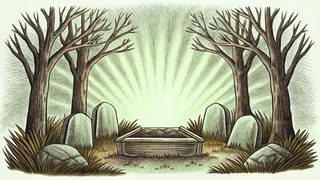 Radiant light pours from an empty tomb as the massive stone lies cast aside.