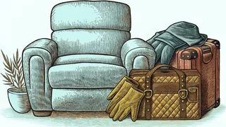 A recliner chair rests beside a packed suitcase and a pair of gardening gloves.