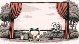 A film canister and spotlight illuminate a director's chair on a velvet stage.