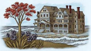 Violets bloom near a red maple overlooking Newport's historic seaside mansions.