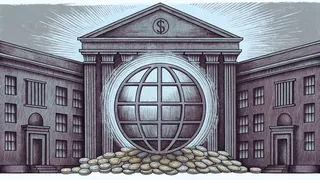 A globe encircled by golden coins and wealth symbols of prosperous nations.