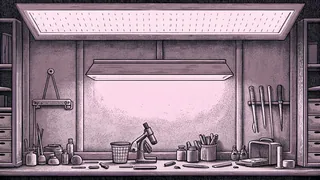 A garage workbench holds scattered scientific equipment, beakers, and a microscope under bright lights.