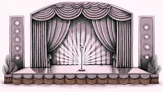 A concert stage features a microphone with sparkles and light reflections across a polished dance floor.