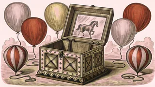 A delicate music box with spinning carousel horse stands near party balloons and a reflective surface.