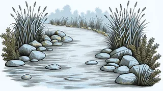 Riverside scene with reeds, pebbles, shallow water, and a jetty.