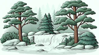Winding river with waterfalls and rapids flowing through varied landscape terrain.