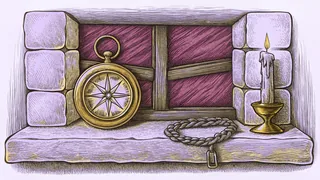 A brass pocket watch rests beside a compass and a lit candle on a stone ledge.