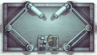 A robotic arm with metallic joints, circuit board, motor, and gripper hand.