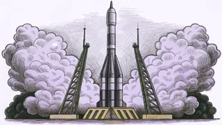 Multi-stage rocket igniting at the launch pad with spectacular flames erupting beneath the fuselage.