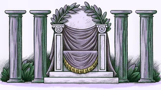Marble throne adorned with a toga and laurel wreath surrounded by towering stone columns.