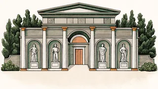 Roman coins and marble busts of emperors stand amid classical architectural ruins