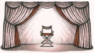 A soft theatrical spotlight illuminates a leather director's chair positioned in front of a plush velvet curtain.